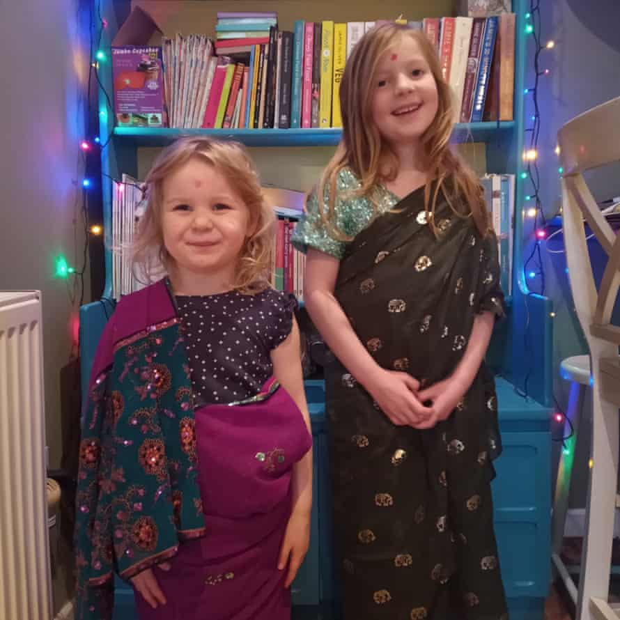 Reader Amanda’s two girls in saris for India night