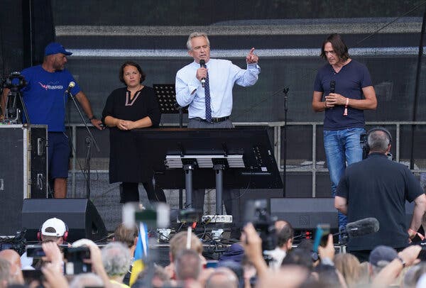 Robert F. Kennedy Jr. addressing a rally against coronavirus-related restrictions in Berlin last year.