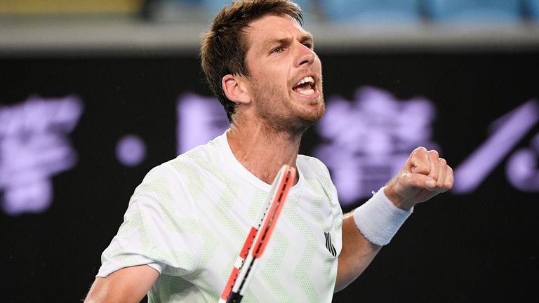 Norrie celebrates his win over Safiullin (AP Photo/Andy Brownbill)