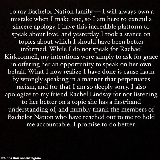 Mea culpa: Harrison issued an apology on Wednesday after fans were outraged he seemed to defend Rachael's actions on an Extra TV interview with Lindsay