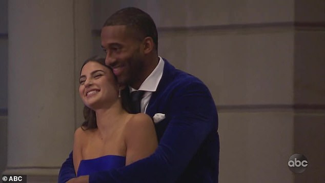 The controversy surrounds contestant Rachel Kirkconnell who is dating the franchise's first black Bachelor Matt James. They are pictured together above on the show