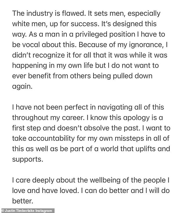 'I failed': Timberlake, 40, posted this statement on Instagram on Friday to apologize for his past treatment of women and apologized to Britney Spears and Janet Jackson