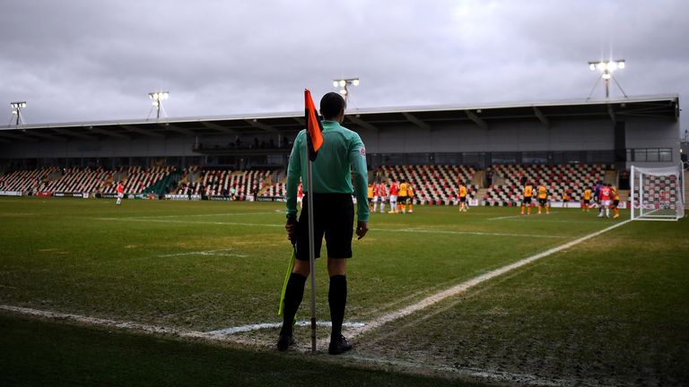 Newport County v Salford City - Sky Bet League Two - Rodney Parade
An assistant referee keeps an eye on the action during the Sky Bet League Two match at Rodney Parade, Newport.