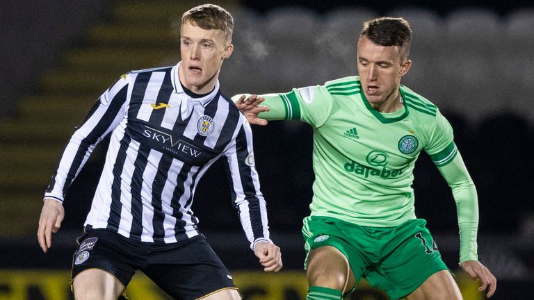  Mirren&#39;s Jake Doyle-Hayes (left) holds off Celtic&#39;s David Turnbull