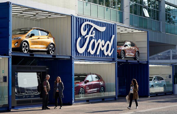 A Ford display at the 2019 International Auto Show in Frankfurt. Ford plans to spend $1 billion to overhaul its main European plant, in Cologne, Germany, to produce electric vehicles.