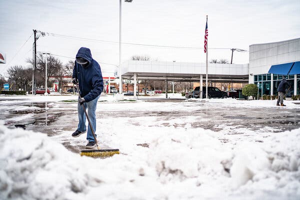 Businesses in Dallas continued to clean up after this week’s storm, even if with a push broom. Natural gas futures slumped on Wednesday after Tuesday’s surge.