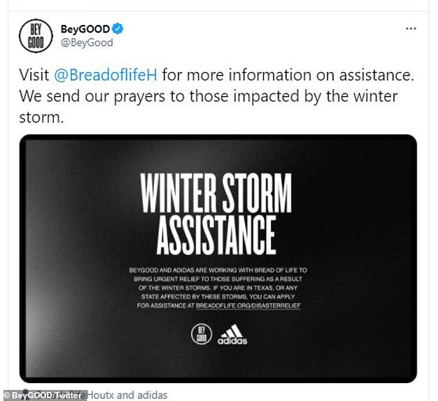 Helping hand: 'We send our prayers to those impacted by the winter storm,' read a tweet posted on the BeyGOOD official Twitter feed. Under the plan, Texans can apply for up to $1,000 using their Disaster Relief Assistance Application Form