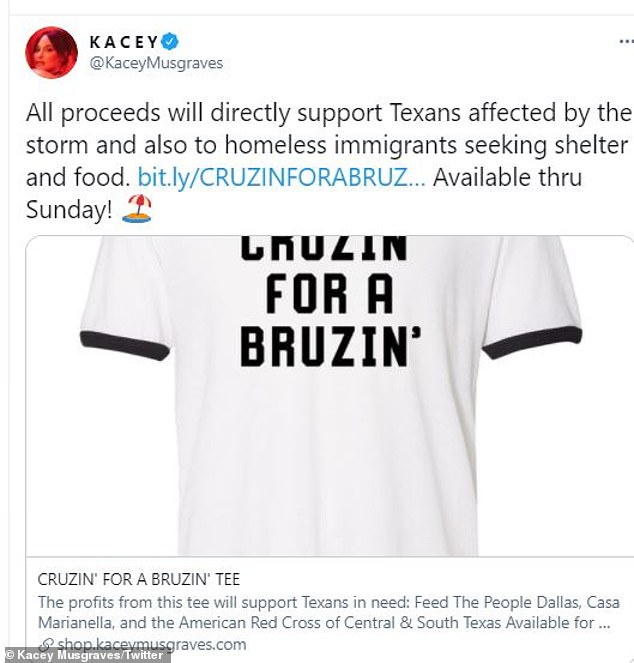 Caring: Throwing a little shade the way of Republican Senator Ted Cruz, who left Texas to travel to a luxury resort in Cancun, Mexico, she tweeted how her fans could help those affected by the power outages and food and water shortages