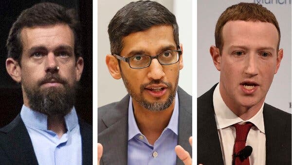 Jack Dorsey, left, the chief executive of Twitter; Sundar Pichai, the chief executive of Google; and Mark Zuckerberg, the chief executive of Facebook, will appear before the House Energy and Commerce Committee on March 25.