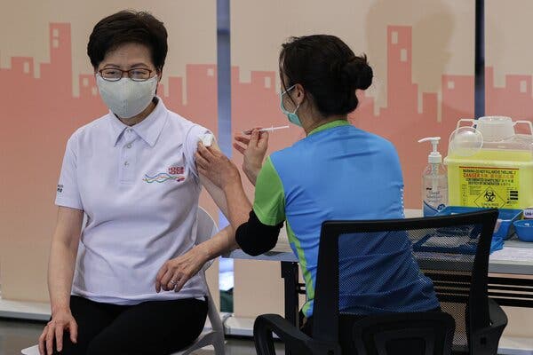 Carrie Lam, Hong Kong’s chief executive, receiving the Sinovac coronavirus vaccine on Monday.