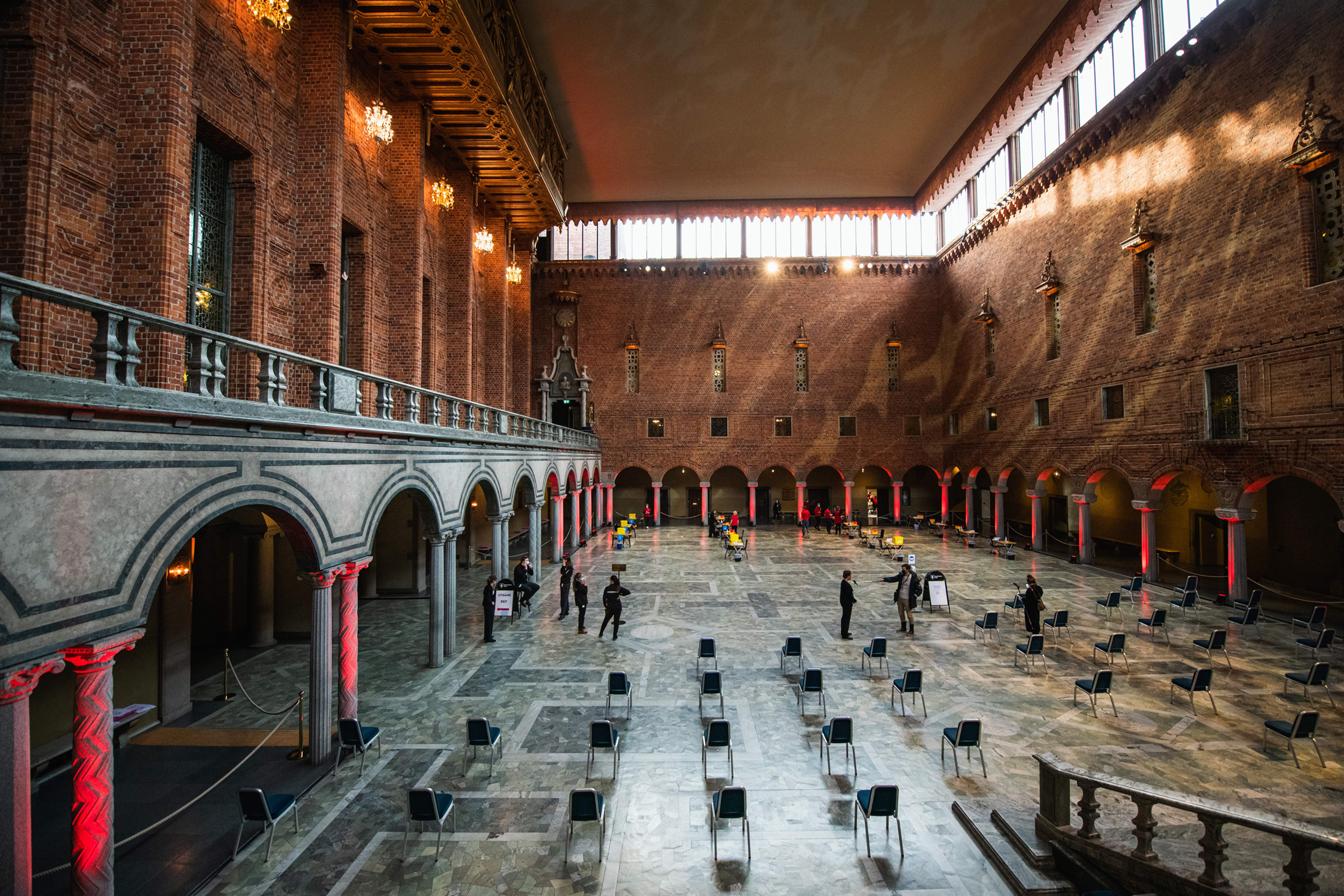 Preparations take place at Stockholm's City Hall to convert the Nobel Prize venue into a COVID-19 vaccination site on Feb. 21, 2021.