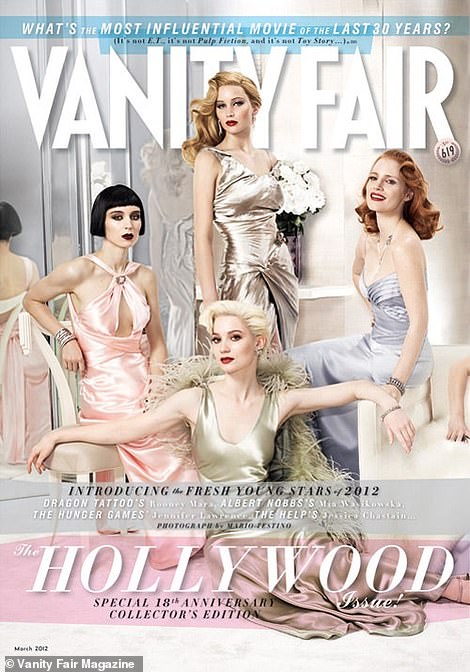 The old way: In the past, the VF Hollywood issue tended to feature white stars with little diversity. On the left is the 2012 cover with Jennifer Lawrence, Rooney Mara, Mia Wasikowska and Jessica Chastain