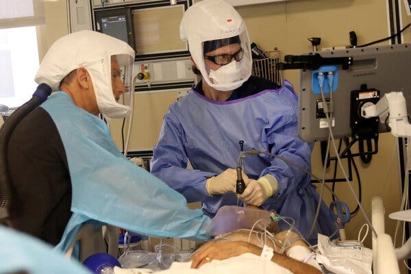 A medical team intubated a Covid-19 patient at Marian Regional Medical Center in Santa Maria, Calif., this month.