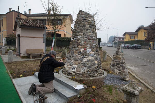 A memorial for victims of the coronavirus in Casalpusterlengo, Italy.