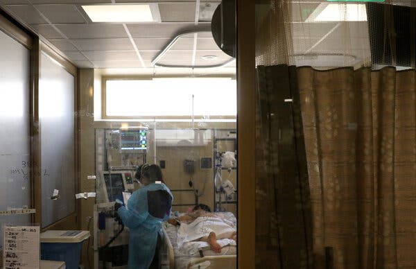 The I.C.U. at Marian Regional Medical Center in Santa Maria, Calif., this month. Almost three-quarters of the nation’s I.C.U. beds were occupied over the week ending Feb. 18.