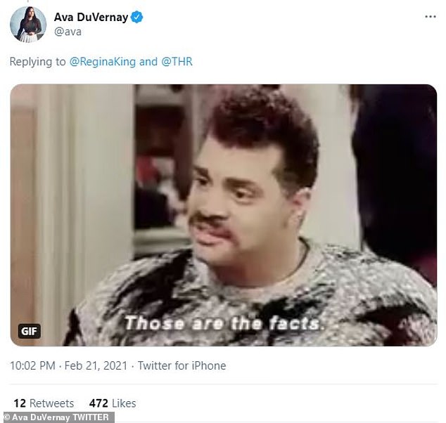 Oscar-winning actress Regina King responded with a GIF of Drake acknowledging the remark made by DuVernay, who responded with a GIF of Sinbad saying, 'Those are the facts'