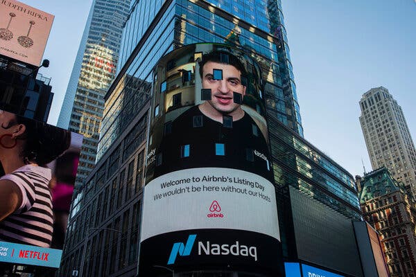 An image of Brian Chesky, the chief executive of Airbnb, on the Nasdaq screen in Times Square on Dec. 10, the day the company’s shares began trading.