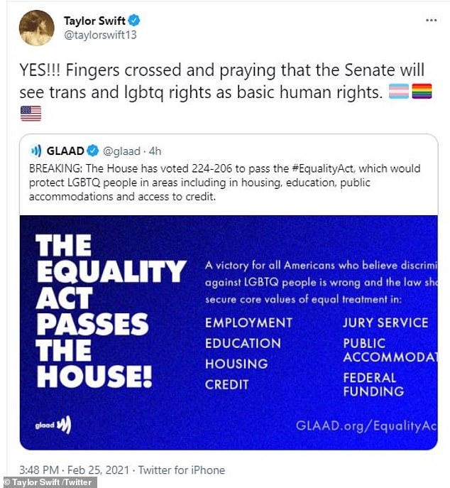 Fingers crossed! 'YES!!! Fingers crossed and praying that the Senate will see trans and lgbtq rights as basic human rights,' wrote the 31-year-old singer-songwriter, who shared a post from GLAAD announcing the House's decision