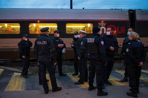 German and French border police officers at a train station in Strasbourg, eastern France, this month.