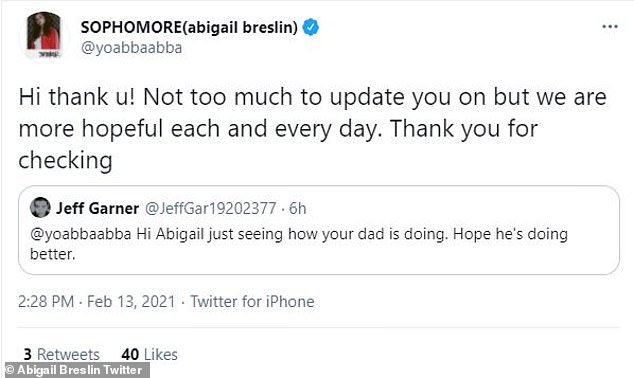 Updates: Responding to a concerned fan checking in on her dad, two weeks ago, she said 'Not too much to update you on but we are more hopeful each and every day'