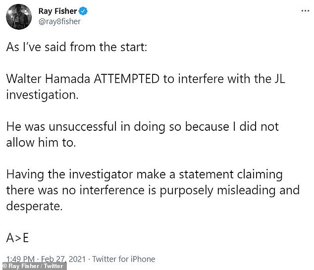 Confusing: Fisher tweeted again following a statement from WarnerMedia in which he claimed he 'did not allow' Hamada to interfere with the Justice League investigation