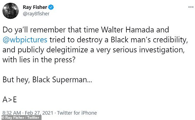 Distracting: Fisher claimed Hamada and Warner Bros. tried to destroy his 'credibility' by delegitimizing 'a very serious investigation, adding, 'But hey, Black Superman...'