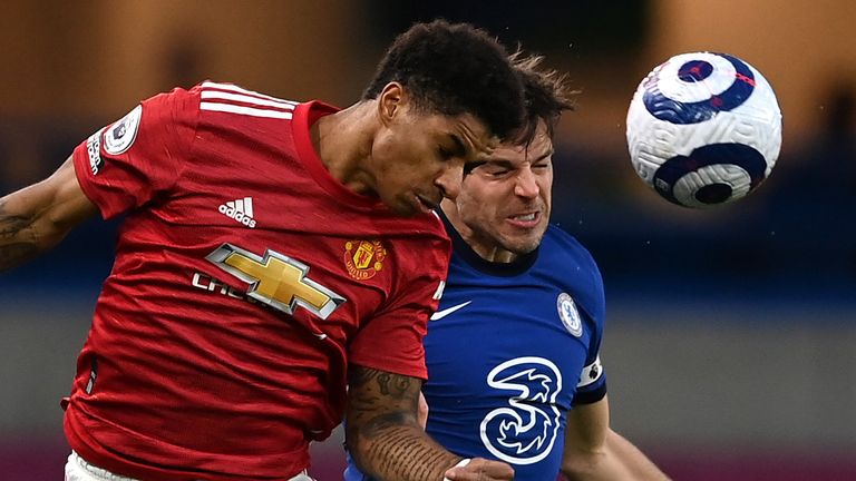 Marcus Rashford beats Cesar Azpilicueta to win a header