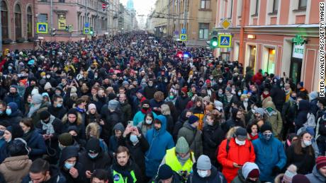 People take part in an unauthorized rally in support of Alexey Navalny in St. Petersburg on Sunday.