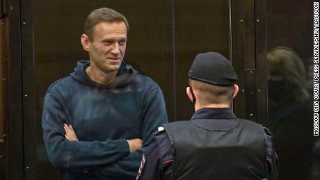 Navalny in a glassed off area of Moscow City Court on Tuesday.