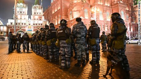 Servicemen of the Russian National Guard (Rosgvardia) gather outside Red Square in Moscow February 2, 2021.