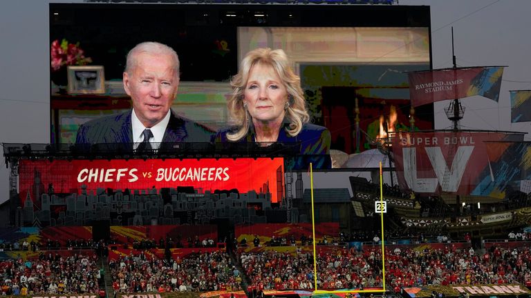 President Joe Biden and first lady Dr Jill Biden appeared on the scoreboard to deliver a message before the Super Bowl