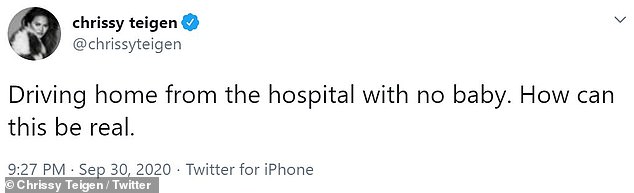 Numb: She sounded stunned in a tweet posted shortly afterward. 'Driving home from the hospital with no baby. How can this be real,' she wrote