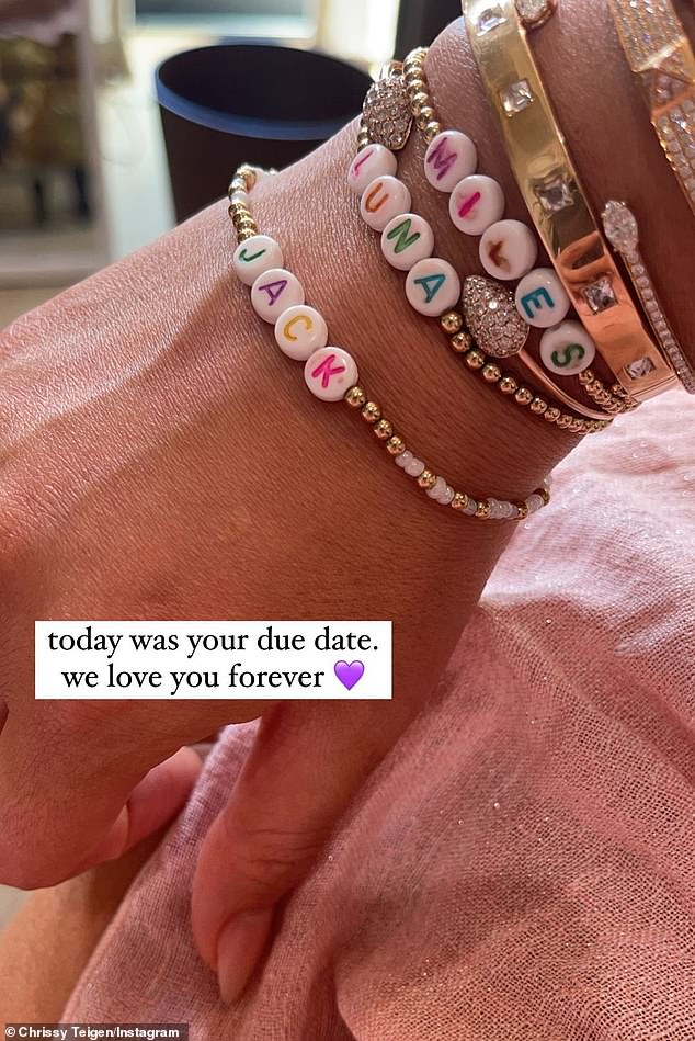 Missing him: On Saturday, February 20, Chrissy revealed she had gotten a bracelet with Jack's name while marking what would have been his due date