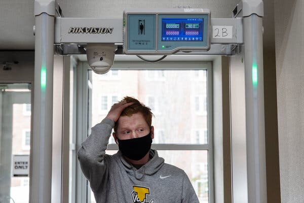 Thermal scanners check every visitor to the Student Union Building at the University of Idaho in Moscow, Idaho. So far, only 10 people have been turned away and instructed to get a coronavirus test.