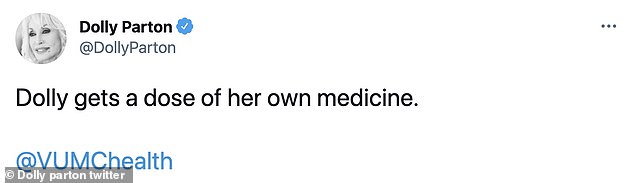 Dolly Parton has received a COVID-19 vaccination after pledging $1million of her own money to help fund trials earlier this year. She joked 'Dolly gets a taste of her own medicine'