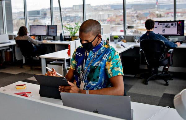 Jacori Owens-Shuler, an industrial designer, back at work in the Vivint Innovation Center in Lehi, Utah, last month.