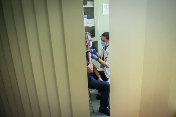 Administering the Russian vaccine Sputnik V to a patient at Bacs-Kiskun County Training Hospital in Kecskemet, Hungary, in February.