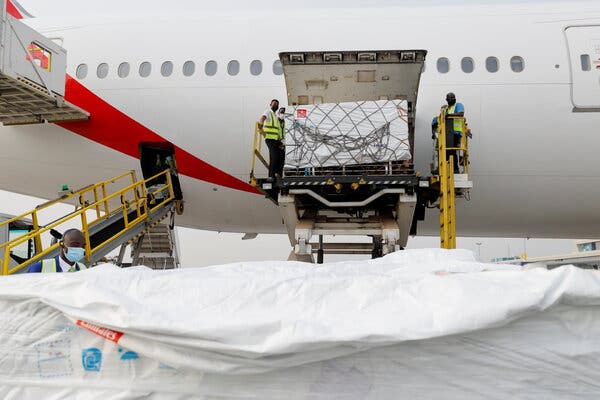 Offloading boxes of Oxford-AstraZeneca shots in Accra, Ghana, last month. The doses were among the first deliveries of a global initiative called Covax, created to ensure that poorer countries could obtain vaccines.