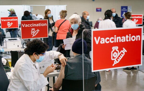 A man receiving his Covid-19 vaccine at a clinic at Olympic Stadium in Montreal on March 1, at the start of mass vaccinations in the Province of Quebec. 