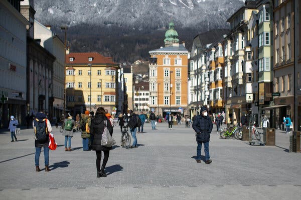 Downtown Innsbruck see a few people for shopping, by Tyrol has been under a strict lockdown to combat the spread of the South African mutation of the coronavirus.