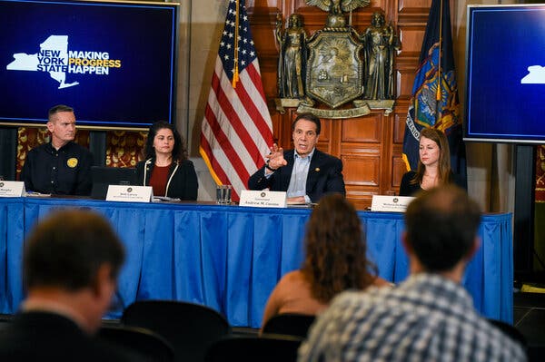 Gov. Andrew M. Cuomo at a briefing on the pandemic a year ago. His thorough, sometimes folksy daily updates drew national attention. 