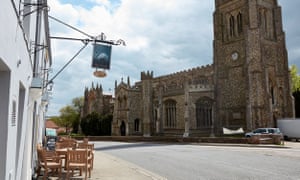 Swan Hotel exterior with church, Thaxted