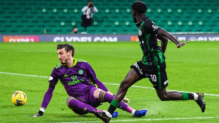 GLASGOW, SCOTLAND - AUGUST 26: Ferencvaros&#39; Tokmac Chol Nguen (R) makes it 2-1 during the Champions League Second Round qualifying match between Celtic and Ferencvaros at Celtic Park on August 26, 2020, in Glasgow, Scotland. (Photo by Ross MacDonald / SNS Group)