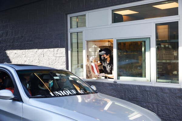 A Chipotlane window in Brooklyn. Chipotle’s digital orders soared as high as 70 percent of its sales during the pandemic.