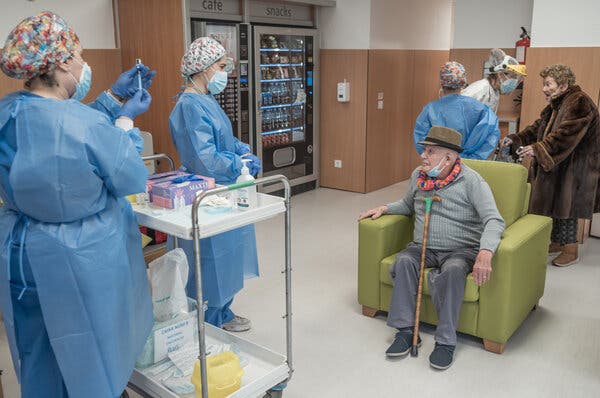 A resident of a nursing home near  Barcelona getting a second dose of vaccine last month.