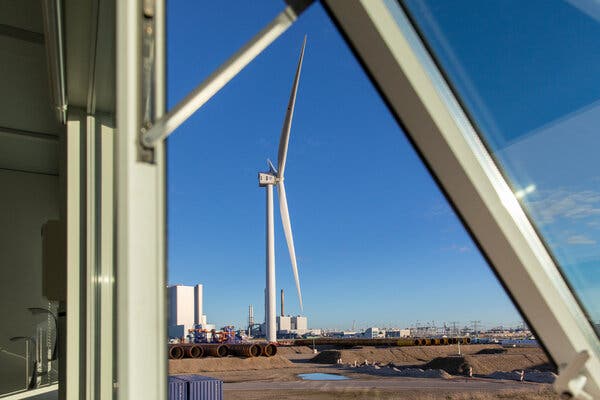 A prototype of General Electric’s Haliade-X wind turbine in Rotterdam, the Netherlands. Its blades will be manufactured in England, the company said.