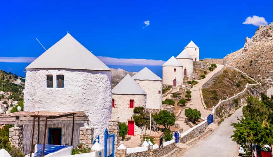 Former windmills in the fishing village of Panteli on Leros, near the Turkish coast