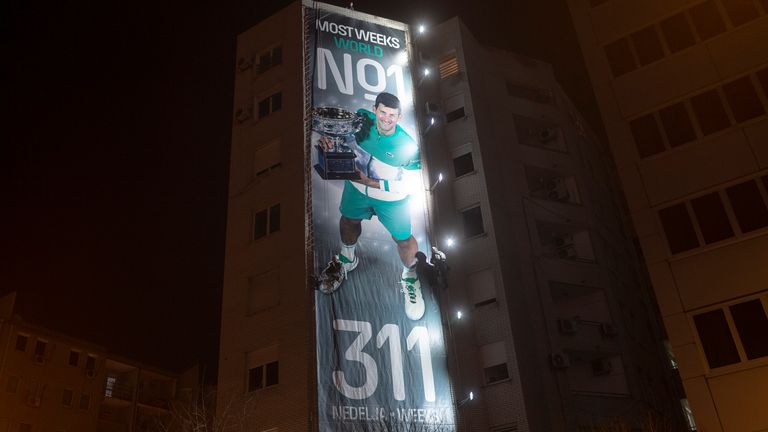 A billboard celebrating Djokovic's achievement is displayed in his homeland of Belgrade, Serbia