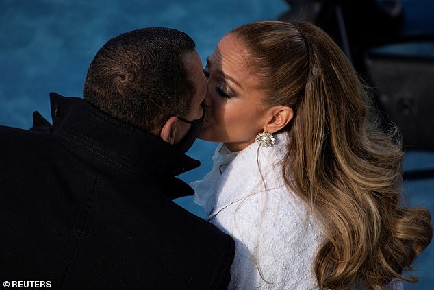 Lopez and Rodriguez had appeared to have weathered the scandal, having attended the presidential inauguration together that same month and sharing sweet photos as recently as late February. Pictured: Jennifer Lopez kisses her fiance Alex Rodriguez after performing at the 59th Presidential Inauguration at the U.S. Capitol