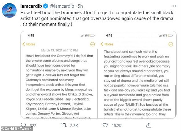 Overshadowed: The 28-year-old took to Twitter Saturday with a lengthy statement, which she prefaced: 'How I feel bout the Grammy's! Don't forget to congratulate the small black artist that got nominated that got overshadowed again cause of the drama. It's their moment finally!'